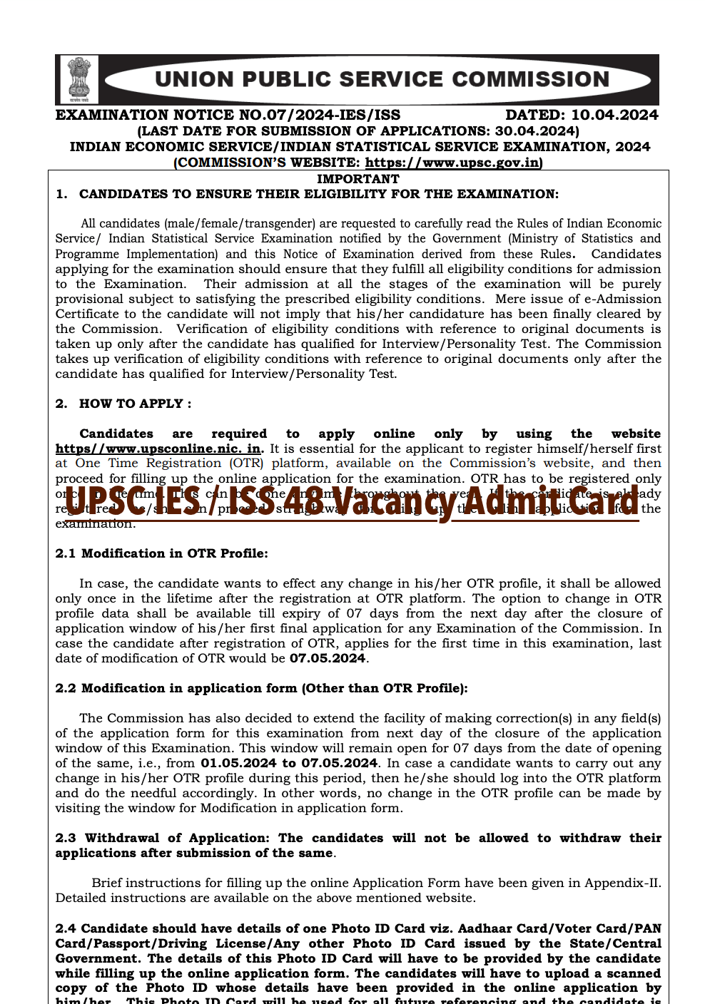 UPSC IES / ISS Admit Card 2024 Download Hall Ticket Exam Date {21st